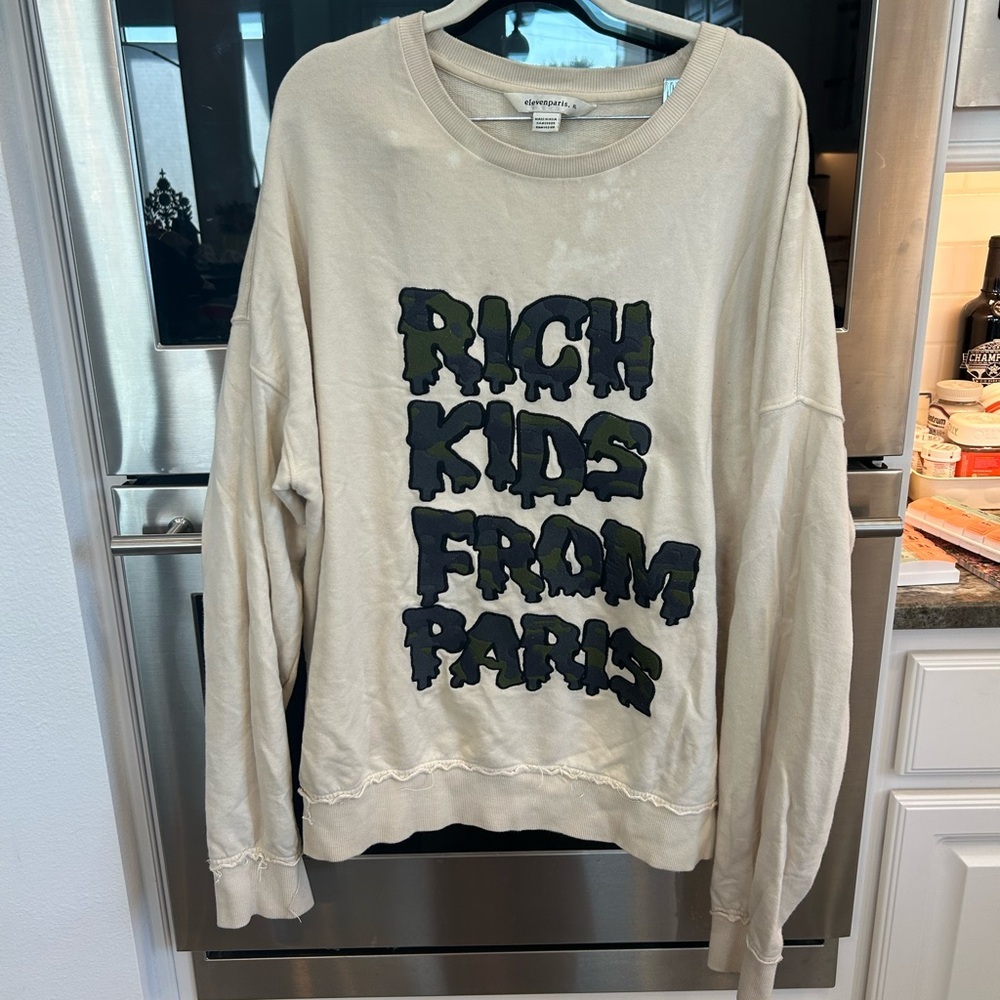 Eleven Paris Beige sweatshirt, size XL (some stains/loose thread but GUC)